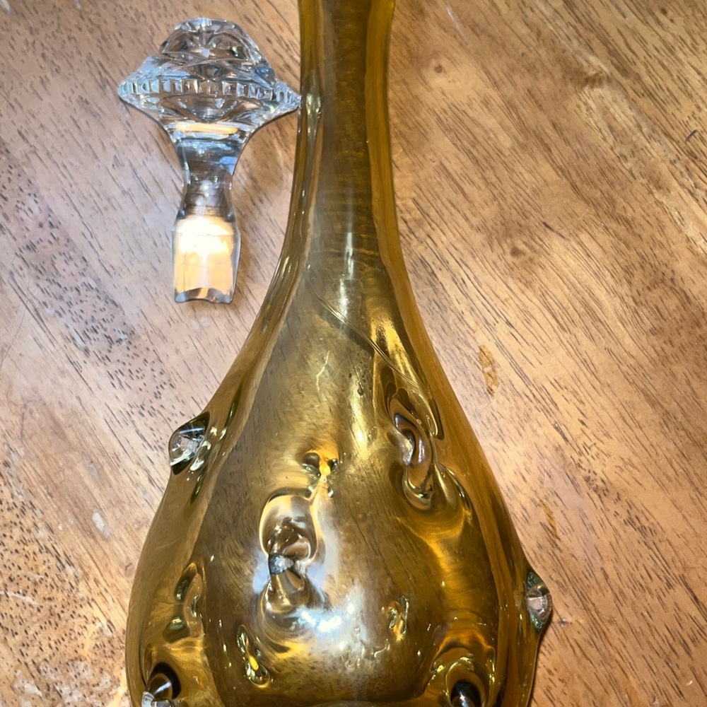 Antique Hand Blown Pinched Art Glass Decanter Honey Amber MCM Custom Stopper